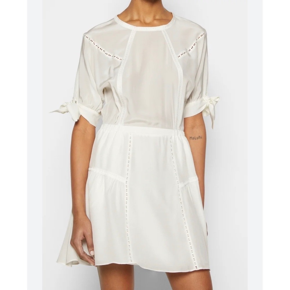 The Kooples Silk Mini Dress Womens 2 White Tie Sleeve Ladder Trim Boho Chic
